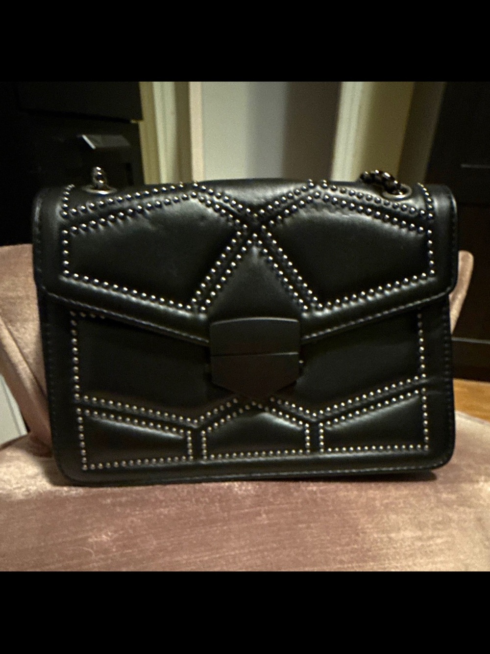Black Geometric Studded Small Shoulder Bag
Chain Strap Push Lock Lined Pockets